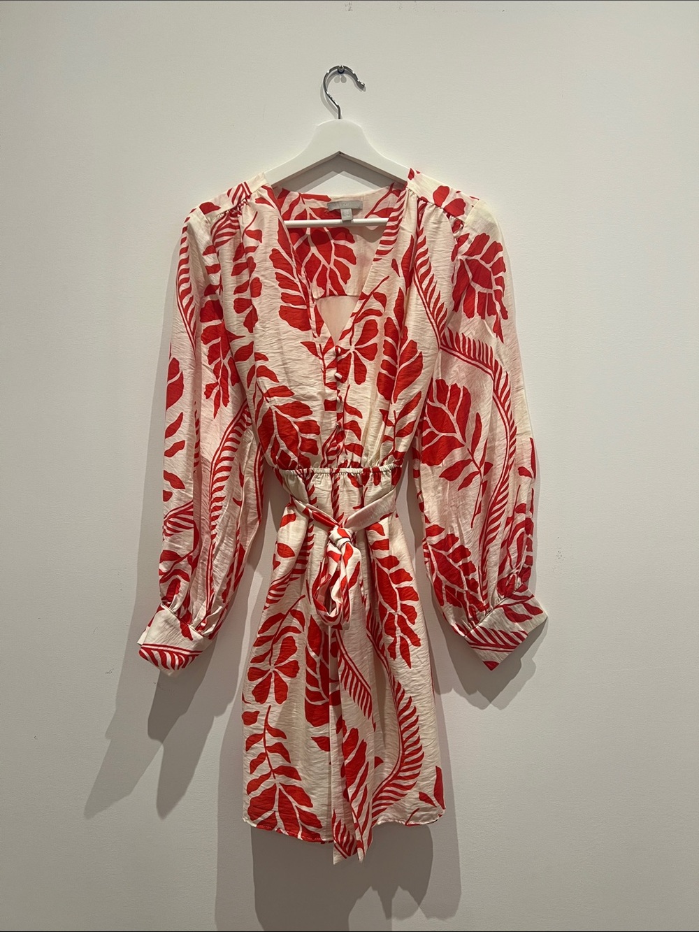 New Red Leaf-Print V-Neck Tie-Waist Women’s Dress